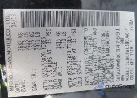 2013 Infiniti Jx35 from USA, damaged, VIN 5N1AL0MM9DC347691